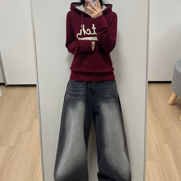 아베크롬비 자수로고 버건디 후드티