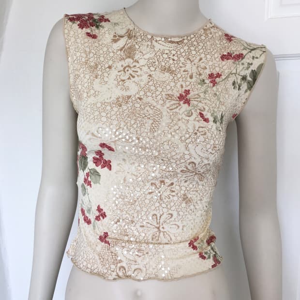 Bebe Sheer Sequin Floral Tank Top