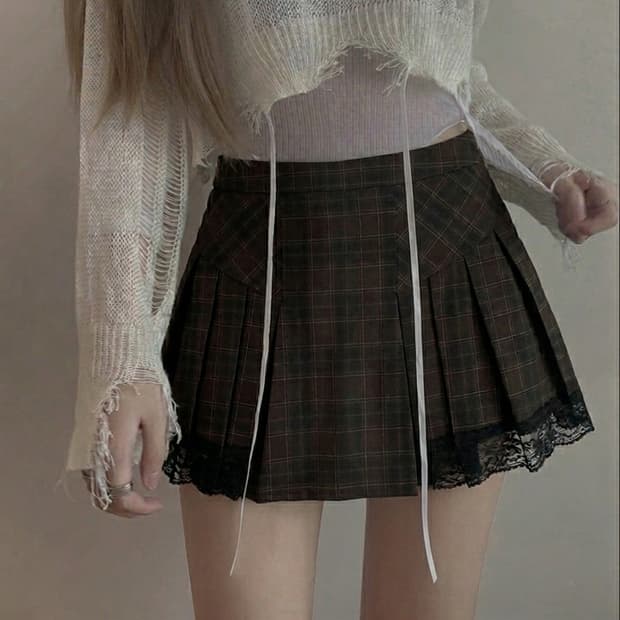 스윔시티 브라운 체크 레이스 스커트 