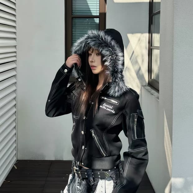 퍼 후드 크롭 자켓