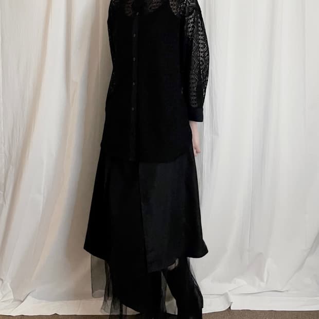 Lace Punching Long Sleeve Shirt - Black