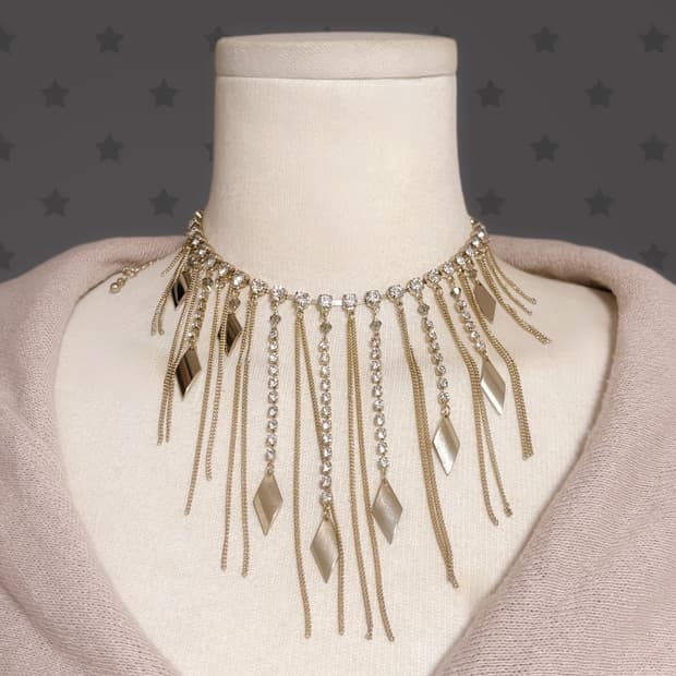 오네갸루 핀터깔 큐빅 레이어드 드롭 샴페인 골드 색상 초커 목걸이 