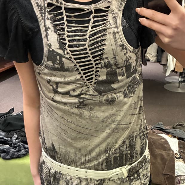 F)Japanese vintage 여성 레터링 슬리브리스