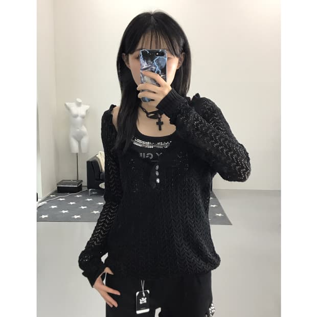 Jpn Black Crochet Knit Top