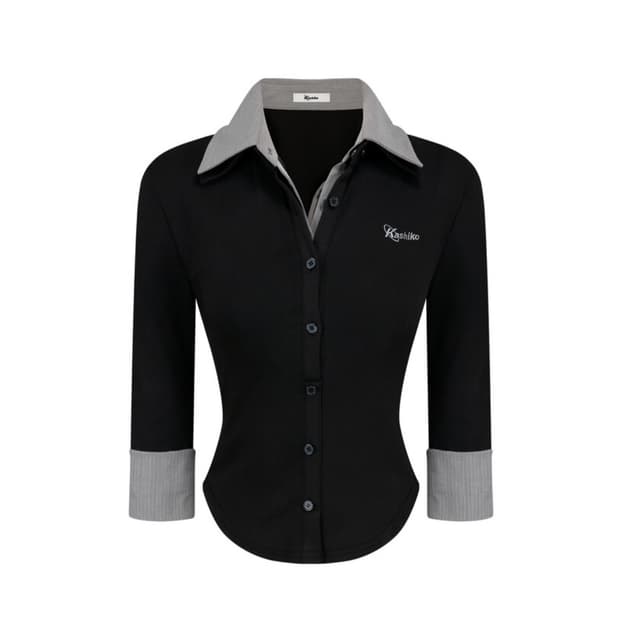 카시코 kashiko 더블 칼라 슬림 셔츠 블랙