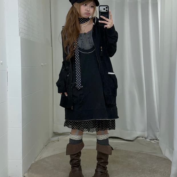 무채색 블랙 도트 너드 니혼진 모리 코디세트