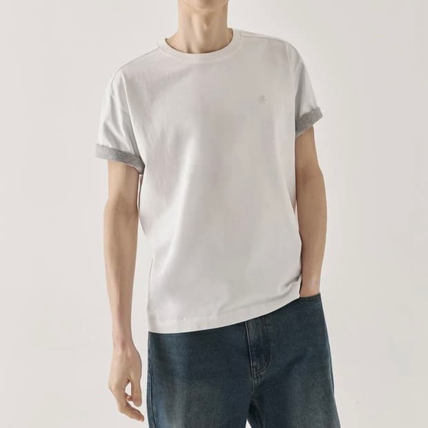 키뮤어 배색 롤업 반팔 화이트