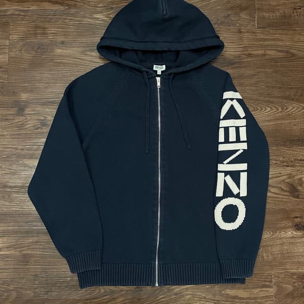 겐조 딥 블루 지퍼 업 드로스트링 니트 후드 집업