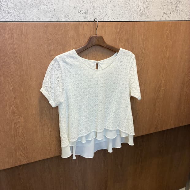 빈티지 반팔 블라우스 플라워 레이스 라운드넥 디테일 화이트 k399