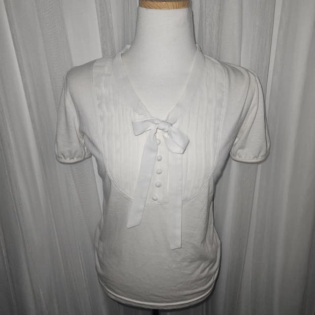 avv standard 바닐라 화이트 히메 리본 타이 블라우스