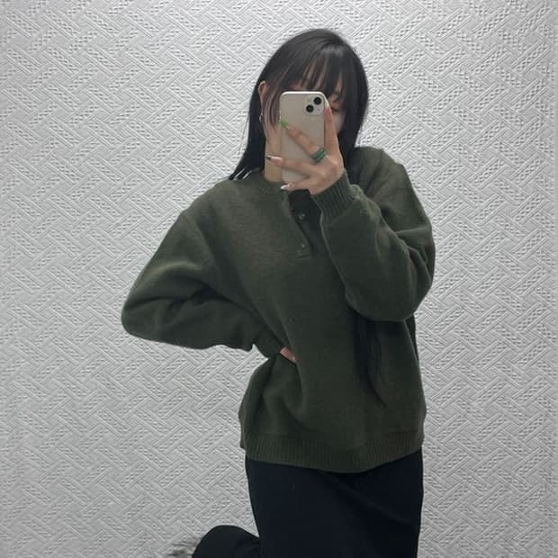 엘엘빈 캐주얼 말차 카키 반버튼 램스울 니트 M C08931