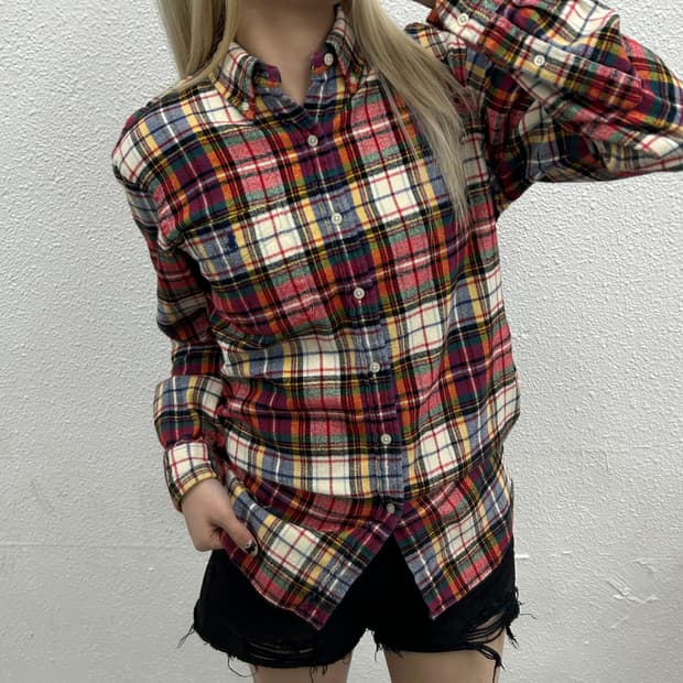 폴로 랄프로렌 네이비포니 포켓 타탄체크 울 셔츠 S