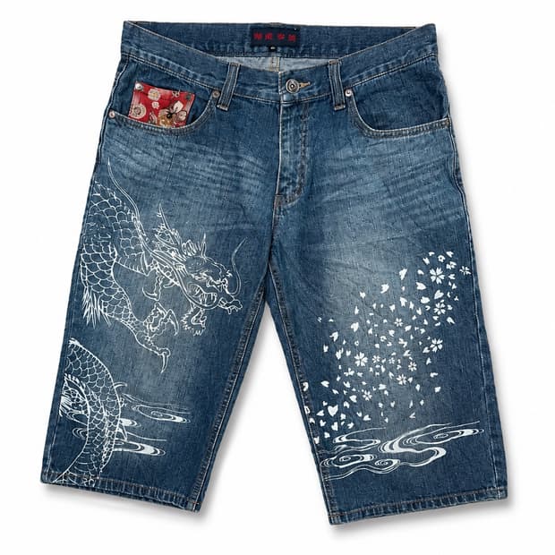 Dragon Print Denim Half Pants 🐉🌸