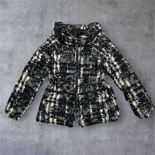 블랙 아이보리 플로럴 체크 패턴 하이넥 패딩 자켓 (UK 8)