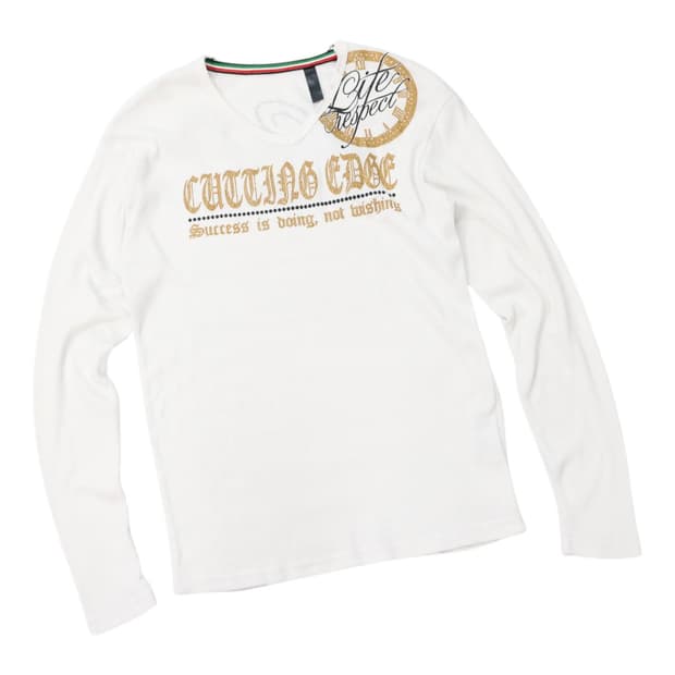 빈티지 컷팅 엣지 골드 글리터 레터링 화이트 와플 롱슬리브 (L)