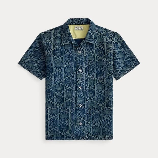 RRL 인디고 셸 프린트 리넨 코튼 셔츠
