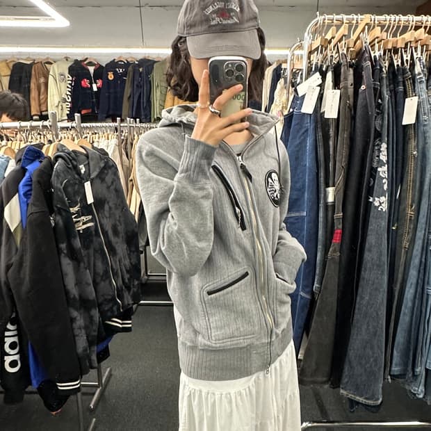 40)West Ride 빈티지 바이커 스컬 플래그 패치 플리스 후드집업