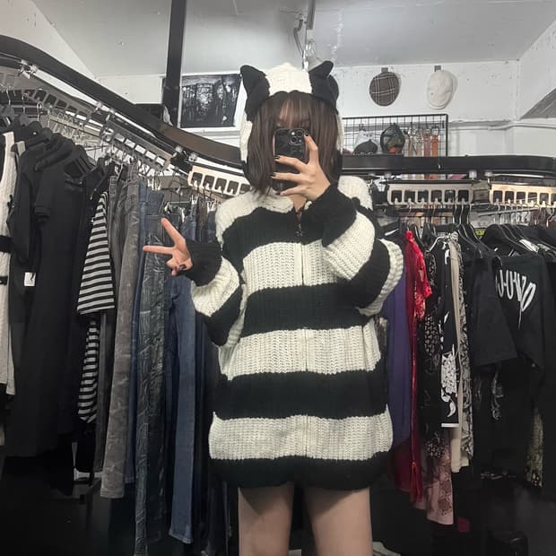 펑크 패치 스트라이프 후드집업