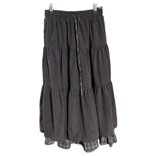 체크 레이어드 코듀로이 롱 스커트 브라운