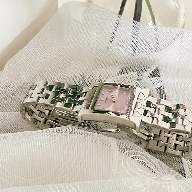 HERMES 에르메스 12p 다이아 핑크 쉘 H 아워 시계 