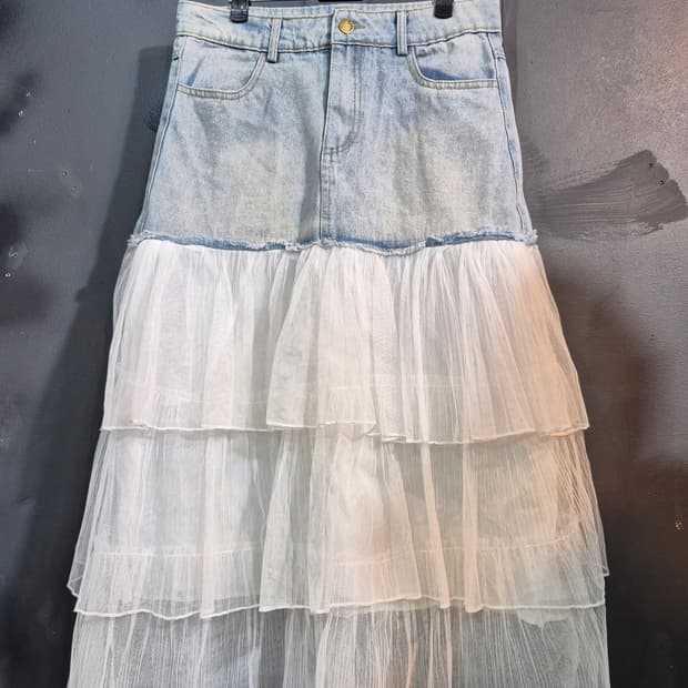 JEANS 데님 튤 롱 스커트 허리단면 38 55 66