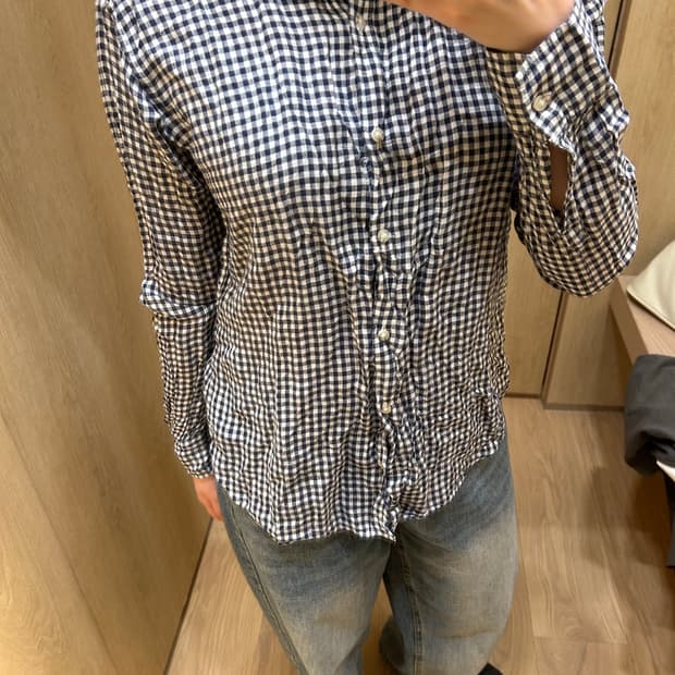 유니클로 깅엄 체크 블라우스 셔츠 네이비 모리걸 레이어드 빈티지 일본