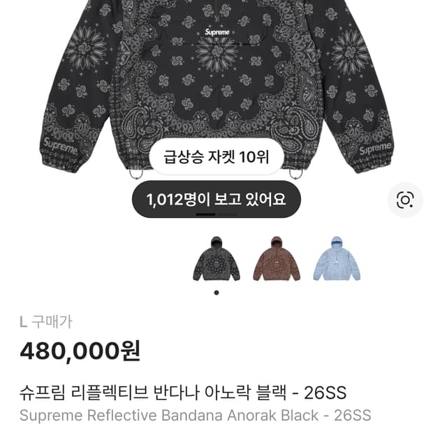 슈프림자켓 반다나 리플렉티브 아노락 블랙L