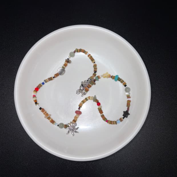 빈티지 비즈 태양 우드 목걸이 / sun wood necklace