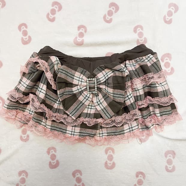 갸루 딸기 초코 리본 큐빅 레이스 체크 스커트