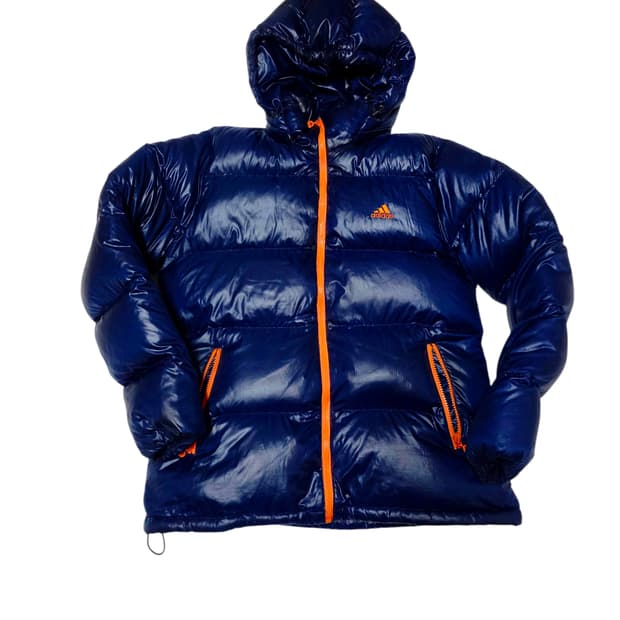 [아디다스] Y2K 유광 네이비 오렌지 배색 발열 구스다운 후드 패딩 9