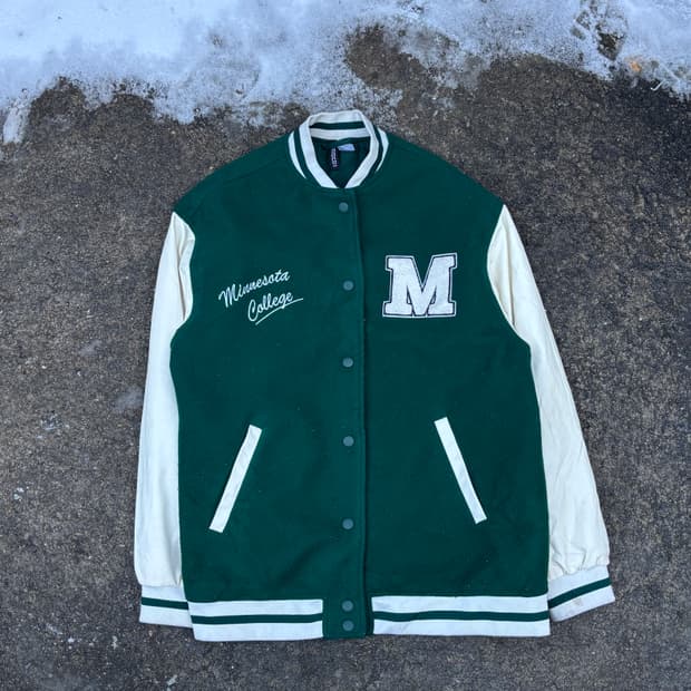 빈티지 리얼레더 그린 자수 바시티자켓