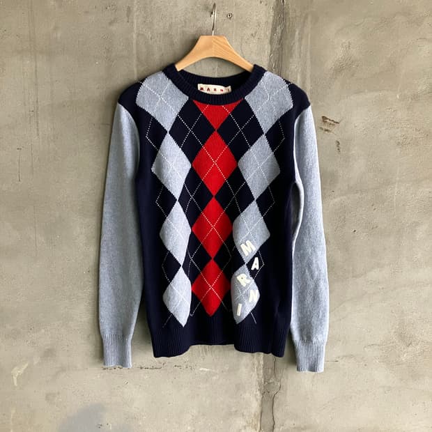 MARNI 마르니 소프트 셰틀랜드 로고 아가일 니트 네이비 40사이즈