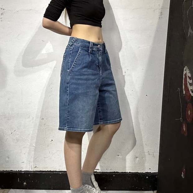 트루 릴리전 중청 자수 와이드 데님 하프 팬츠 버뮤다 반바지 