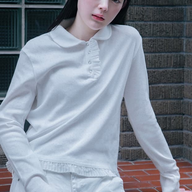 오헤시오 round collar frill long t-shirt 화이트
