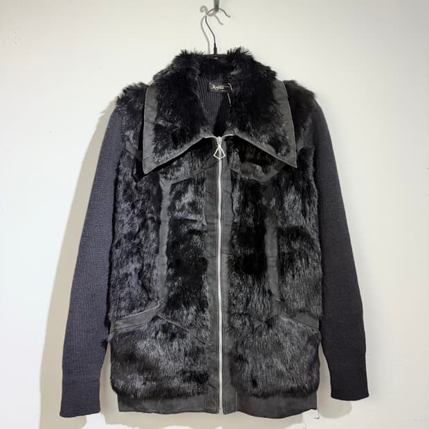 70s 이태리 메이드 퍼&레더 믹스드 니트 집업