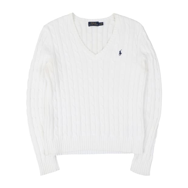 폴로 랄프로렌 화이트 케이블 브이넥 니트