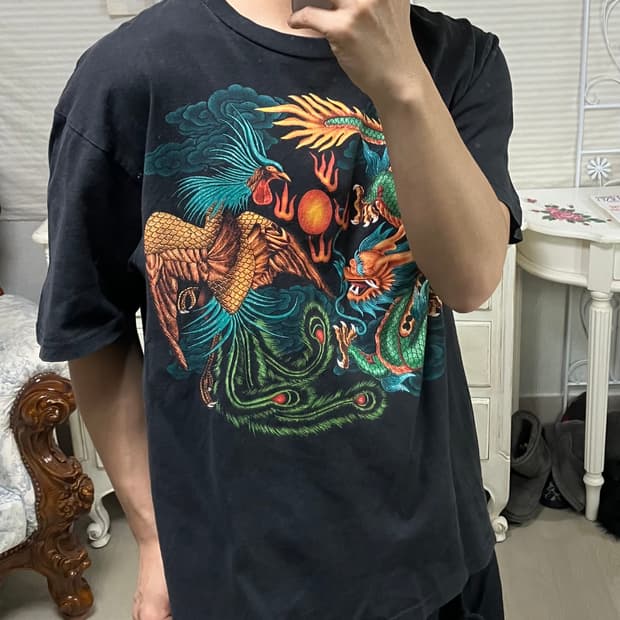 빈티지 오리엔탈 펄 드래곤 반팔 880 y2k 스트릿 모리 갸루 일본빈티