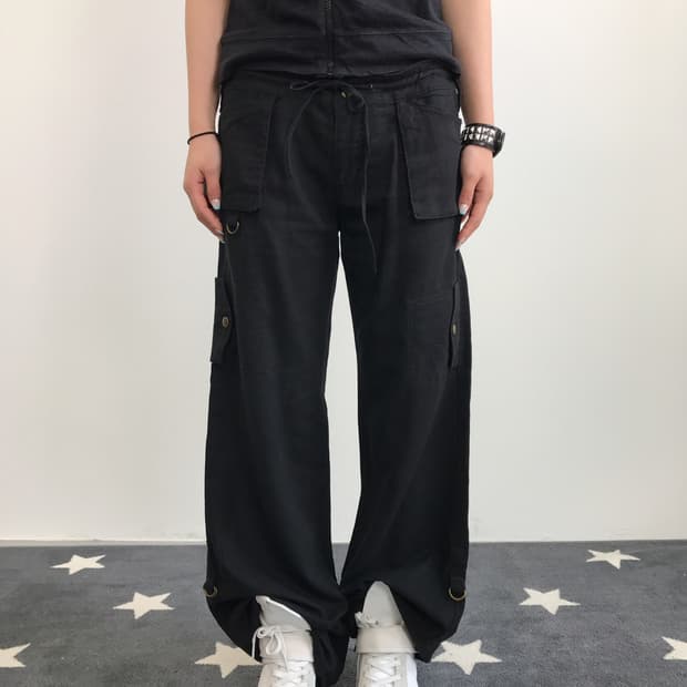 Jpn Y2K Black Linen Cargo Pants