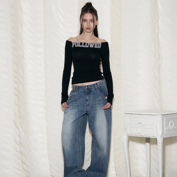 플리즈노팔로우 25Damaged Washing Wide Denim (Wa