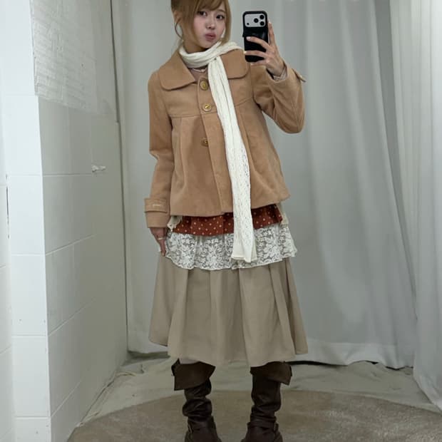 베이지 러블리 너드 모리걸 도트 코디세트