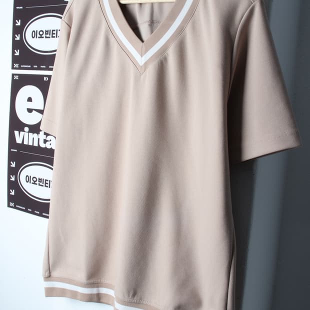 (L-XL) 드로우핏 반팔 티셔츠 브이넥 베이지 폴리 캐주얼-H32862