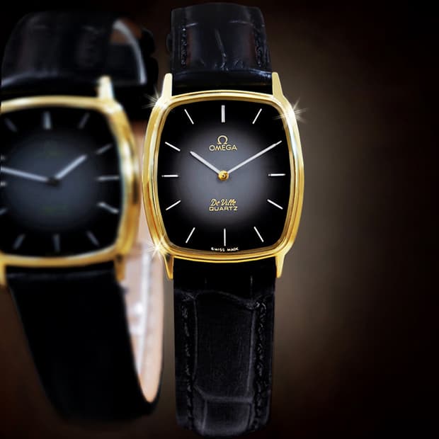 오메가 드빌 블랙 투톤 다이얼 남녀공용 쿼츠 가죽 시계