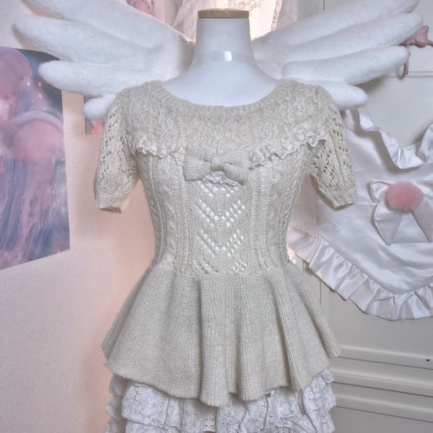 리즈리사 리본 레이스 코리락쿠마 달천깔 반팔 니트 라떼갸루 히메갸루