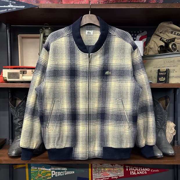 90s 서광 라코스테 글렌체크 퓨어울 블루종 자켓 N618
