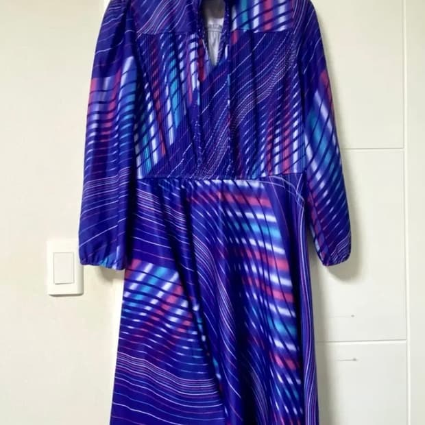 레트로 빈티지 프릴카라 리본 미디 블루 원피스 80년대 디스코 풍