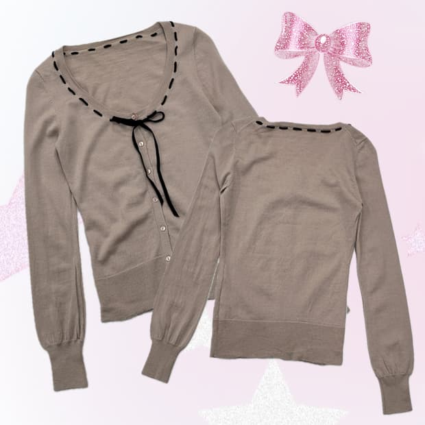 질스튜어스 히메갸루 블랙리본 베이지핑크 여리 슬림핏 러블리 가디건 