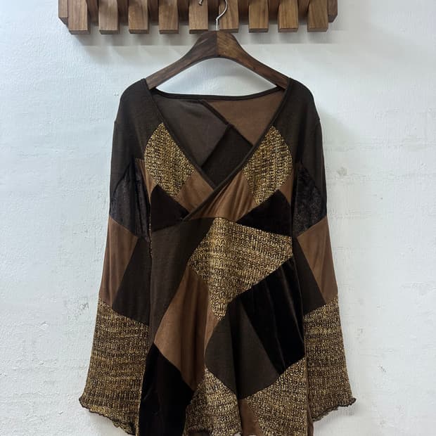 일본빈티지 브라운 조각 믹스 패치워크 탑 티셔츠 