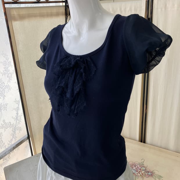 navy lace shirring ribbon half blouse