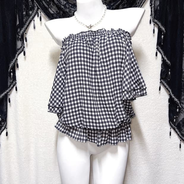 잉그니 ingni 로맨틱갸루 체크 오프숄더 블라우스 로걀탑 튜닉 러블리