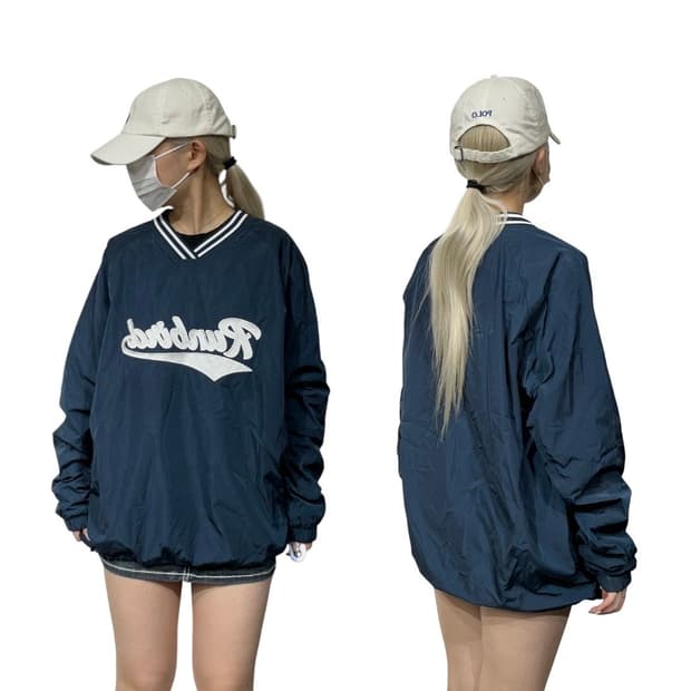 미즈노 빅 로고 네이비 화이트 올드스쿨 웜업 바람막이 긴팔티 XL